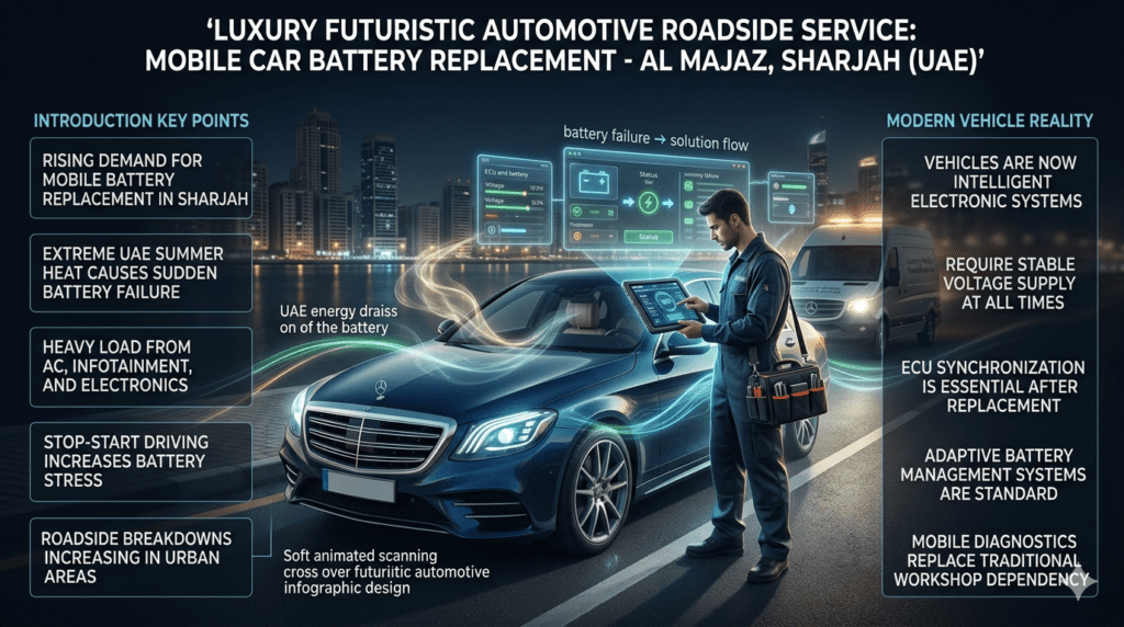 Luxury infographic showing mobile car battery replacement in Al Majaz with technician performing on-site installation, ECU diagnostics, and vehicle electrical system scanning under UAE heat conditions.