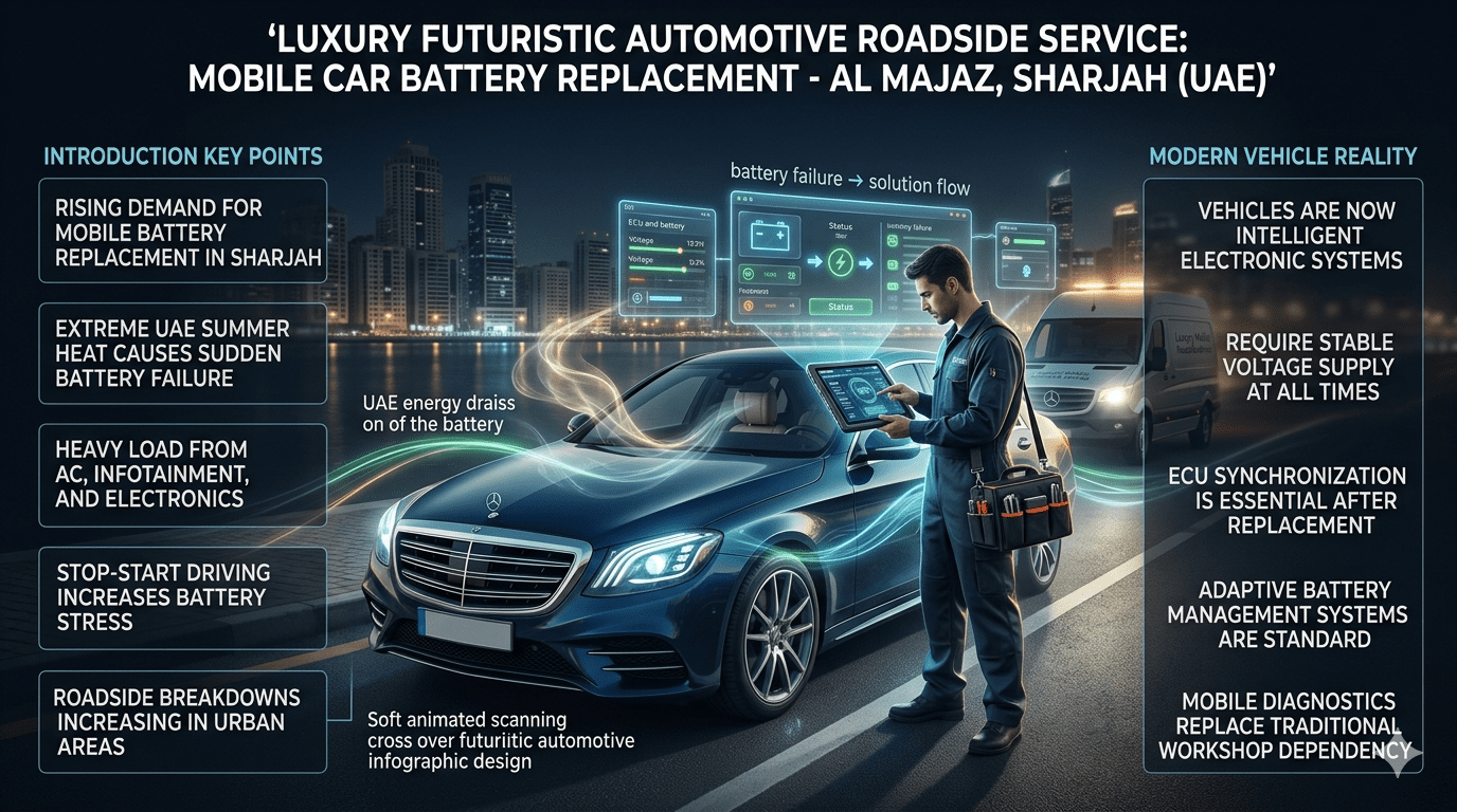 Luxury infographic showing mobile car battery replacement in Al Majaz with technician performing on-site installation, ECU diagnostics, and vehicle electrical system scanning under UAE heat conditions.