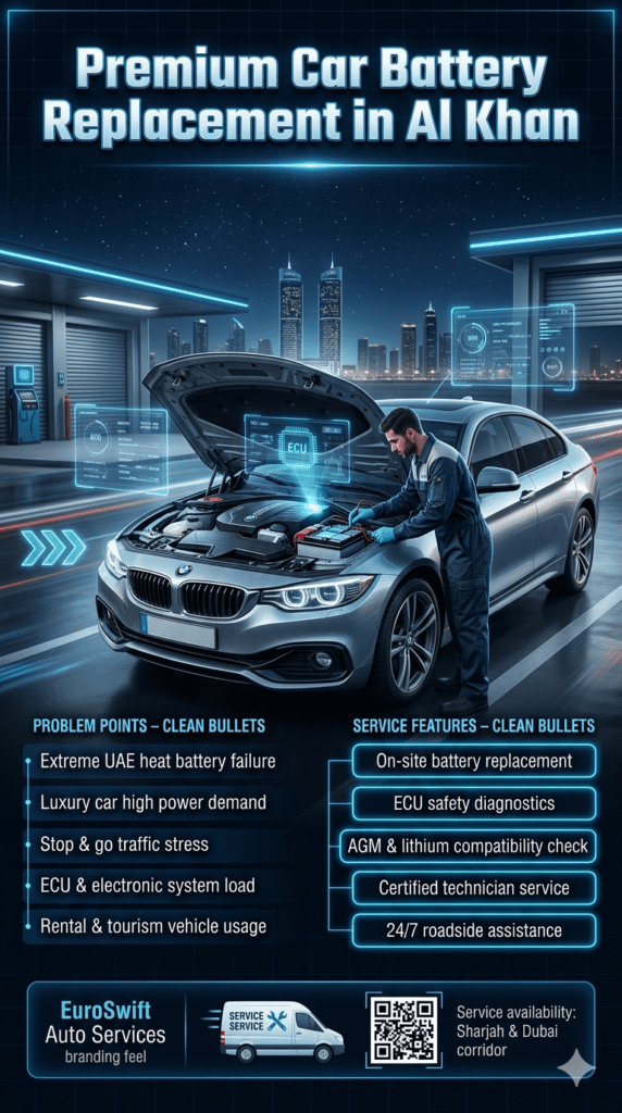 Luxury infographic showing premium car battery replacement in Al Khan with a high-end vehicle, technician installation, ECU diagnostics, and UAE heat-related battery failure points displayed in a futuristic automotive design.