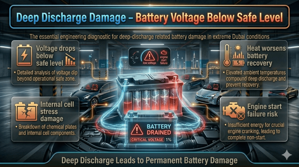 Car battery deep discharge infographic showing voltage drop below safe level, internal cell stress damage, and battery failure risk in Dubai conditions