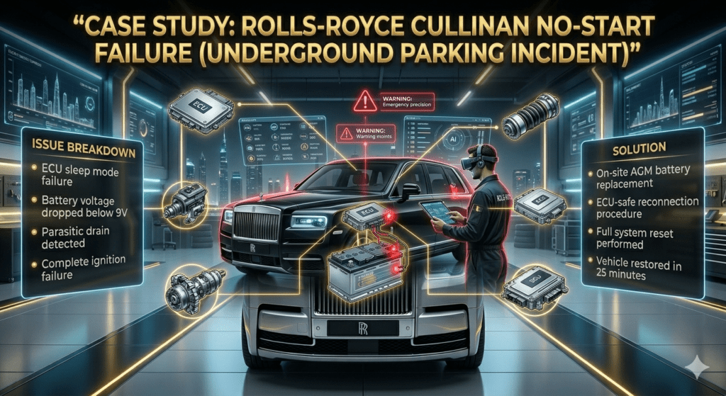 Luxury Rolls-Royce Cullinan underground parking breakdown case study showing ECU failure, low battery voltage, and successful on-site AGM battery replacement.