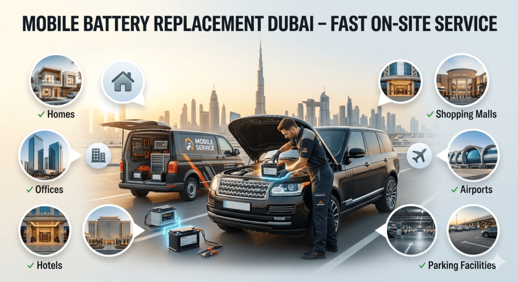 Mobile battery replacement service in Dubai showing technician replacing a car battery on-site at homes, offices, hotels, shopping malls, airports, and parking facilities with emergency roadside assistance vehicle.