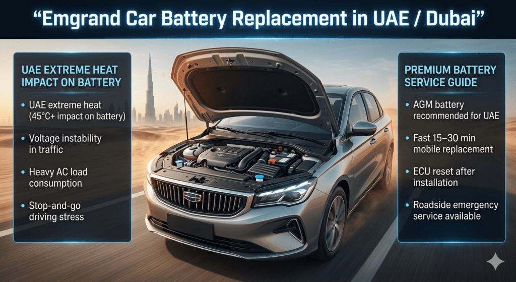 Emgrand Car Battery Replacement in UAE Dubai infographic showing battery installation process, UAE heat impact, AGM battery recommendation, and roadside replacement service guide.