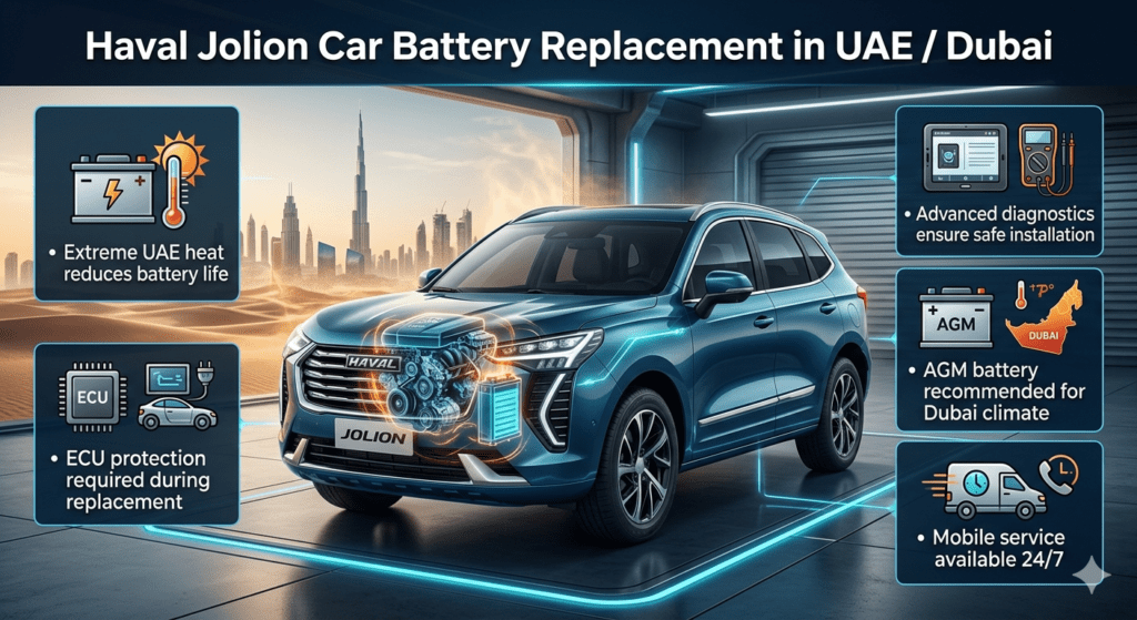Haval Jolion Car Battery Replacement in UAE Dubai infographic showing SUV battery diagnostics, heat impact, ECU protection, and AGM battery service with Dubai skyline background.