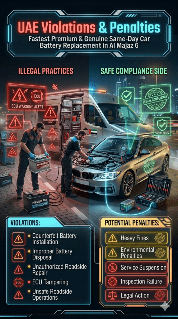 UAE car battery replacement violations and penalties infographic showing counterfeit battery risks, ECU tampering, improper disposal, and legal consequences in Al Majaz 6 Sharjah.