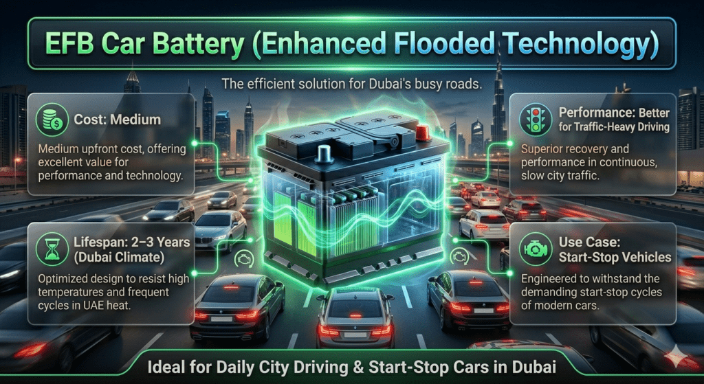 EFB car battery infographic showing medium cost, 2–3 year lifespan, and strong performance for start-stop vehicles in Dubai traffic conditions