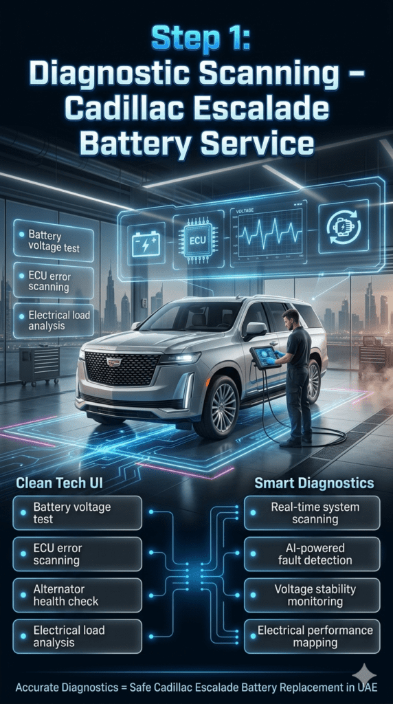 Luxury automotive infographic showing Step 1 diagnostic scanning process for Cadillac Escalade battery replacement in UAE, including voltage test, ECU scanning, alternator check, and load analysis in a high-tech workshop environment.