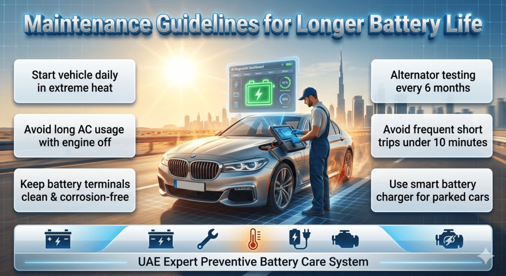 Car battery maintenance guidelines infographic showing tips to extend battery life in UAE including heat protection, alternator testing, terminal cleaning, and smart charging practices.