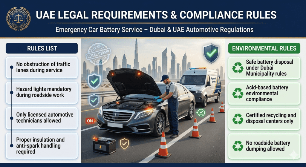 Infographic showing UAE legal requirements for roadside car battery replacement in Dubai, including safety rules, licensed technicians, hazard light usage, and environmental disposal compliance.