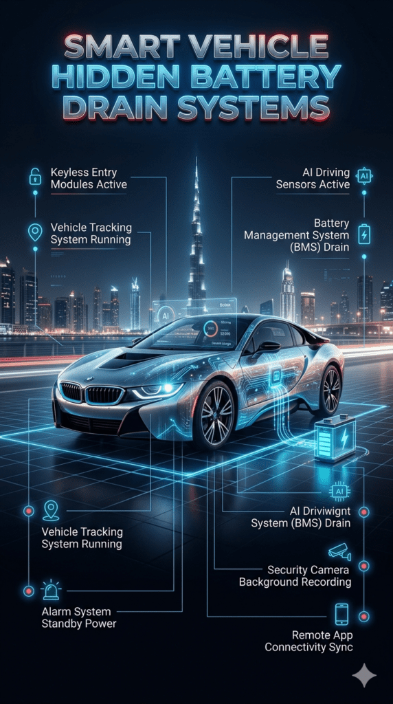 Luxury smart car in Dubai showing hidden overnight battery drain caused by keyless entry, tracking systems, sensors, alarms, and AI connectivity modules.