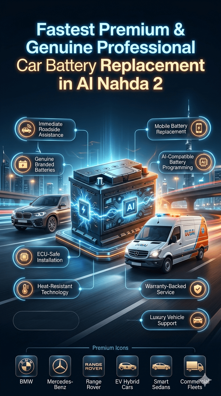 Premium futuristic automotive poster showing professional car battery replacement service in Al Nahda 2 Dubai with luxury battery visuals, roadside assistance, AI diagnostics, and premium vehicle support.