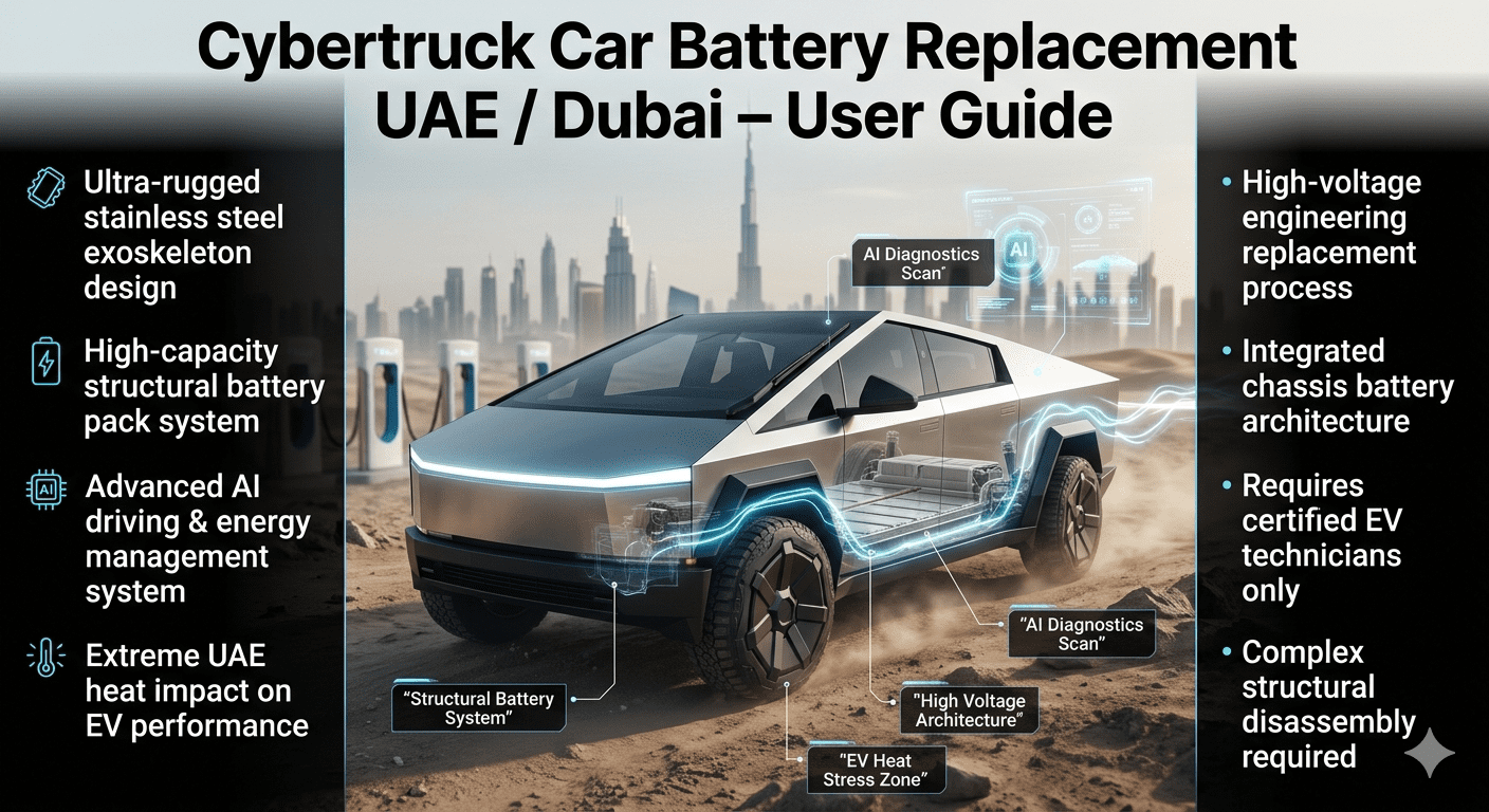 Futuristic Cybertruck infographic showing battery replacement system in UAE Dubai, highlighting structural battery pack, high-voltage architecture, AI diagnostics, and extreme heat impact on electric pickup truck.