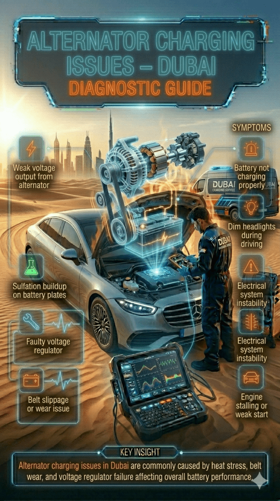 Alternator charging system diagnostic scene in Dubai showing weak voltage output, faulty regulator, and belt slippage issues with mobile technician using ECU scanner and multimeter.