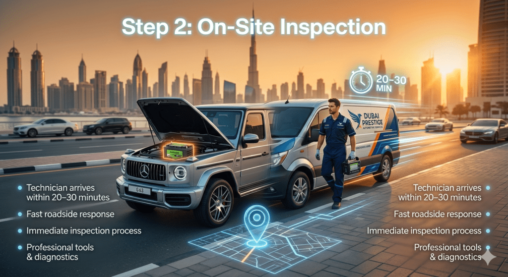 Technician arriving for on-site car battery inspection in Dubai within 20 to 30 minutes with roadside assistance vehicle.