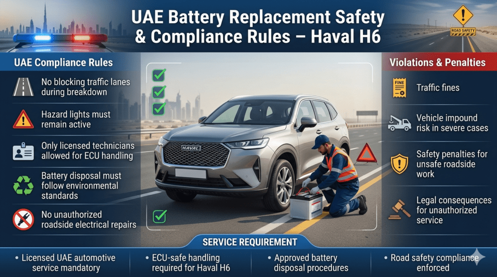 Great Wall Haval H6 battery replacement UAE compliance infographic showing safety rules, licensed technician requirements, traffic regulations, and violation penalties in Dubai.