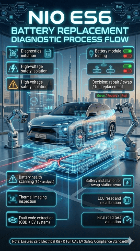 “Ensures Zero Electrical Risk & Full UAE EV Safety Compliance Standards” Futuristic infographic showing NIO ES6 electric SUV undergoing full battery diagnostic and replacement workflow including safety isolation, SOH scanning, thermal imaging, ECU reset, and final validation in a Dubai EV workshop.