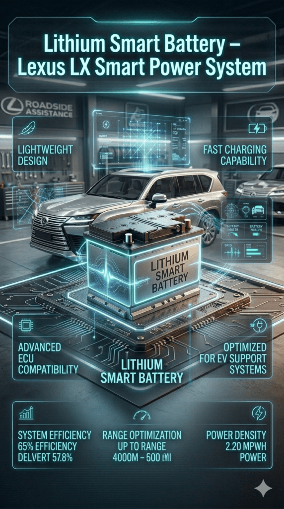 Lithium smart car battery installed in Lexus LX showing lightweight design, fast charging capability and advanced ECU compatibility with futuristic automotive system visuals.