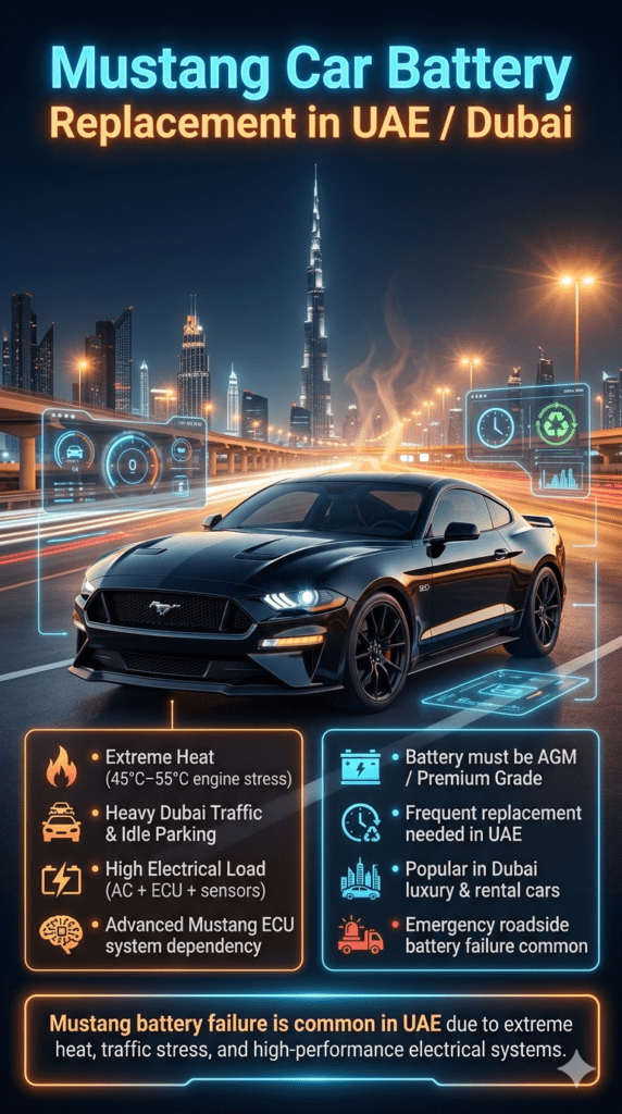Ford Mustang car in Dubai with infographic panels showing battery replacement causes, UAE heat impact, and emergency service highlights.