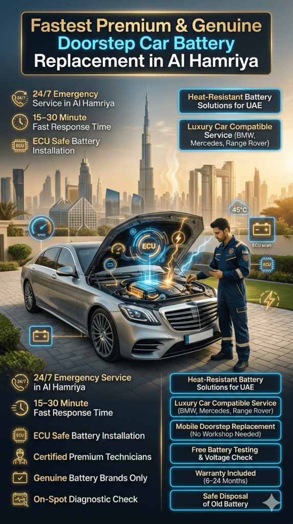 Professional mobile car battery replacement service in Al Hamriya Dubai showing technician installing a premium battery in a luxury vehicle under extreme UAE heat conditions with infographic-style service highlights.