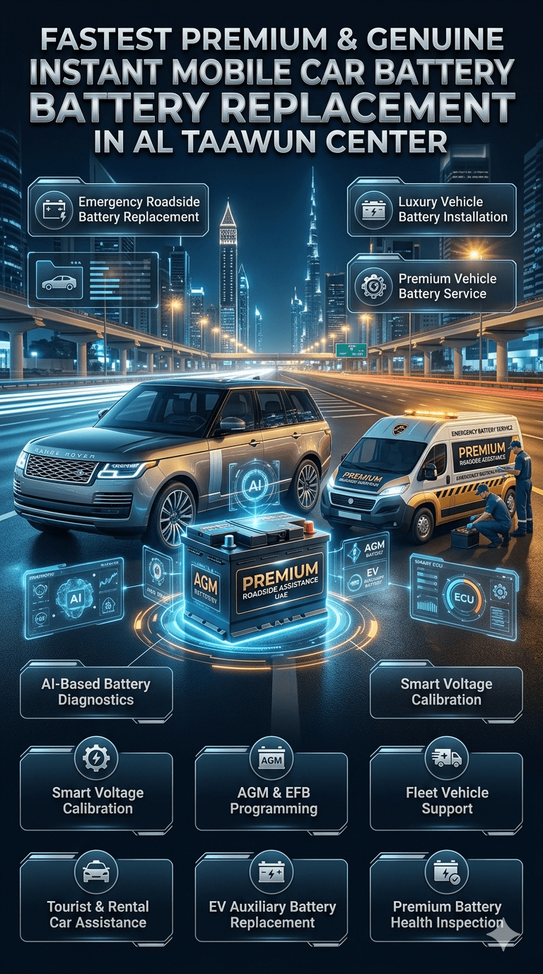 High-end automotive emergency service infographic showing premium mobile car battery replacement in Al Taawun Center, Dubai, featuring luxury SUV battery installation, AI battery diagnostics, AGM programming, roadside assistance van, smart EV battery systems, and animated technical information surrounding a premium branded battery.
