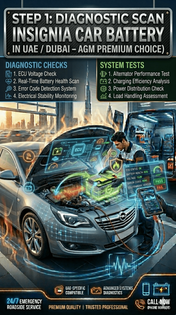 Opel Insignia diagnostic scan showing ECU voltage check alternator performance and electrical load testing in Dubai UAE workshop