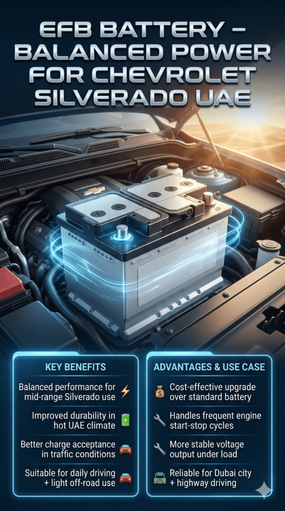 EFB Battery (Enhanced Flooded Battery) for Chevrolet Silverado β UAE Mid-Range Performance Guide EFB battery installed for Chevrolet Silverado shown in a UAE heat-themed automotive infographic highlighting improved durability, balanced performance, and cost-effective upgrade benefits.