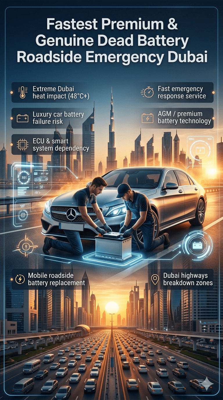 Luxury roadside battery emergency service infographic in Dubai showing technician replacing car battery beside premium car with Dubai skyline, heatwave effects, and service highlights.