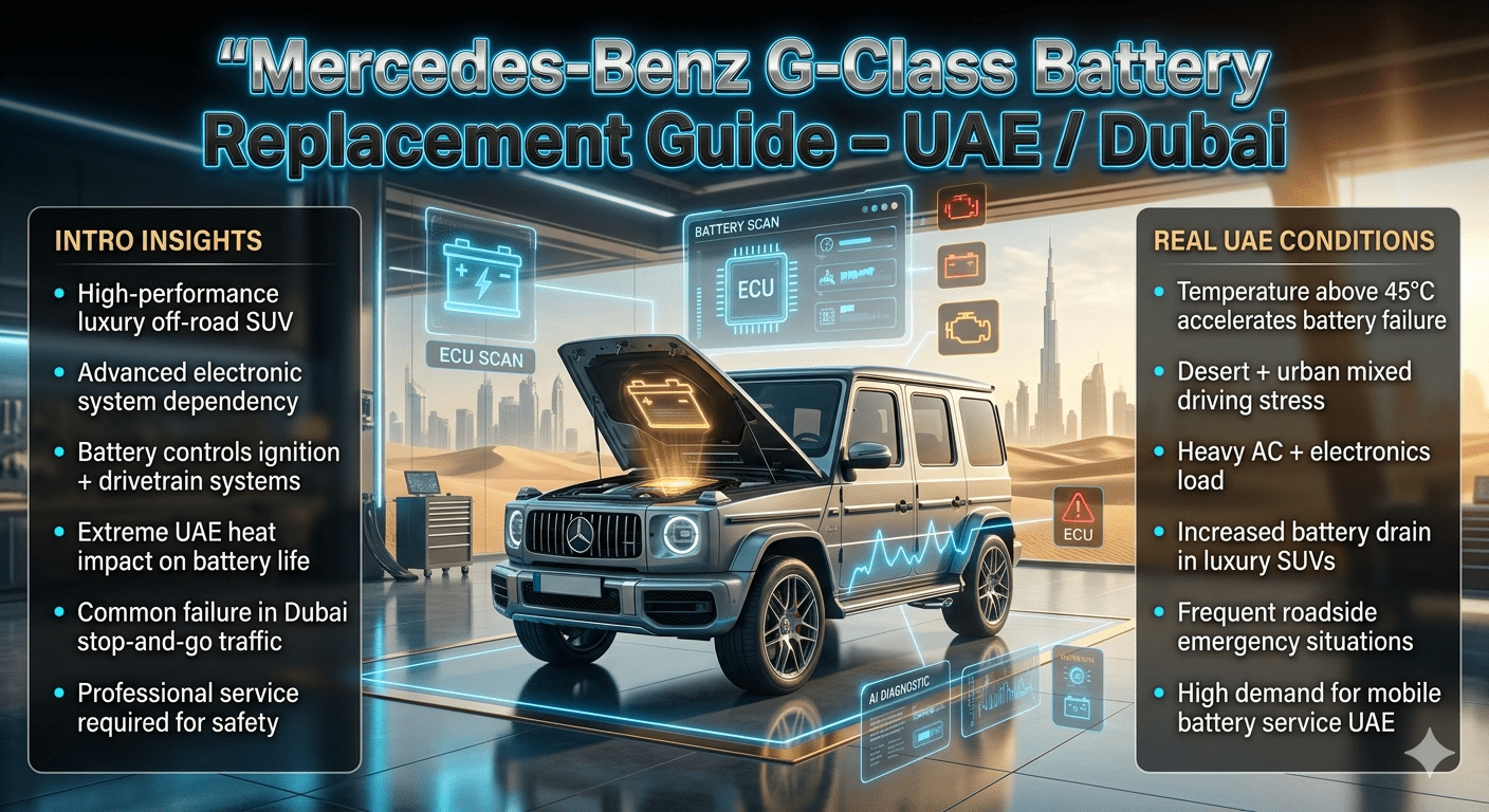 Luxury infographic showing Mercedes-Benz G-Class in Dubai workshop with battery diagnostics, UAE heat impact points, and maintenance guide displayed in futuristic layout.