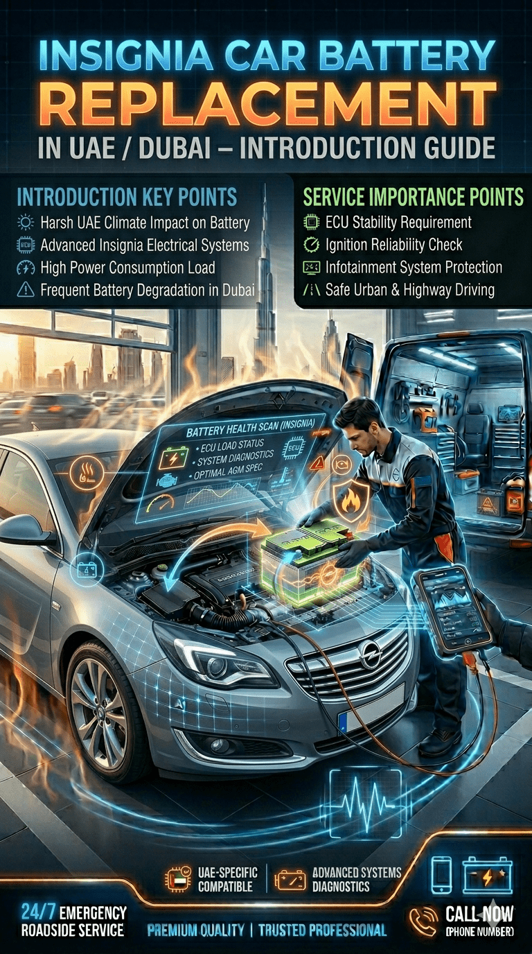 Opel Insignia car battery replacement introduction showing ECU system heat impact and battery failure in Dubai UAE premium sedan service