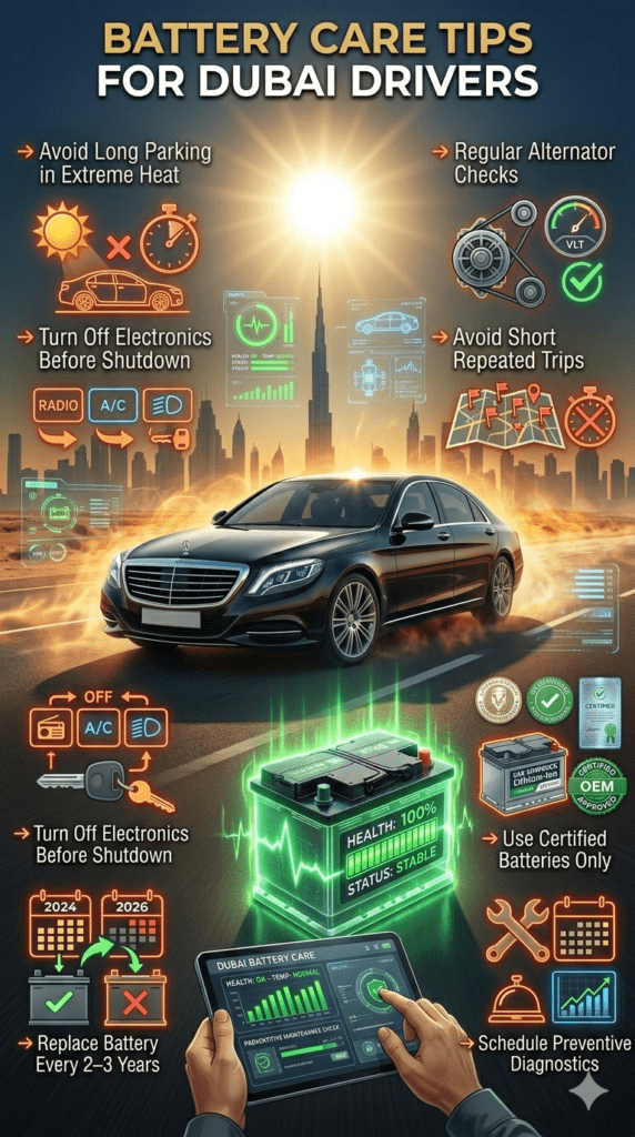 Dubai car battery maintenance tips infographic showing preventive care steps to avoid emergency battery failure.