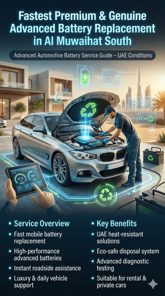 Infographic showing advanced car battery replacement service in Al Muwaihat South with luxury car, mobile technician, diagnostic tools, and service features in a futuristic automotive design.