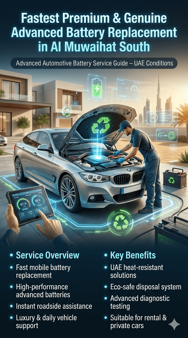 Infographic showing advanced car battery replacement service in Al Muwaihat South with luxury car, mobile technician, diagnostic tools, and service features in a futuristic automotive design.