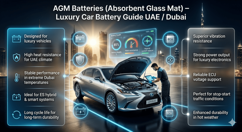 AGM battery infographic for luxury cars in Dubai showing Lexus ES style vehicle with heat resistance, long cycle life, and hybrid battery system explanation in modern automotive guide design