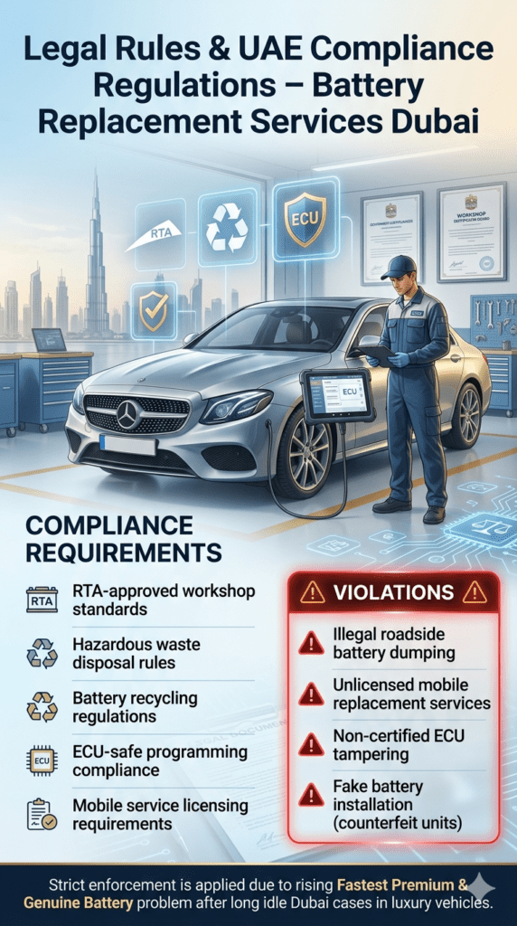 Dubai automotive compliance infographic showing legal rules and violations for car battery replacement services including RTA standards, recycling laws, ECU safety regulations, and illegal service risks.