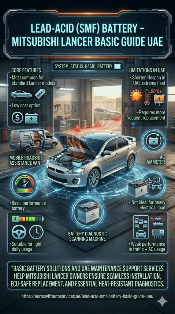 Mitsubishi Lancer with SMF lead-acid battery installed in engine bay inside workshop, showing basic low-cost battery type and its limitations in UAE heat conditions.