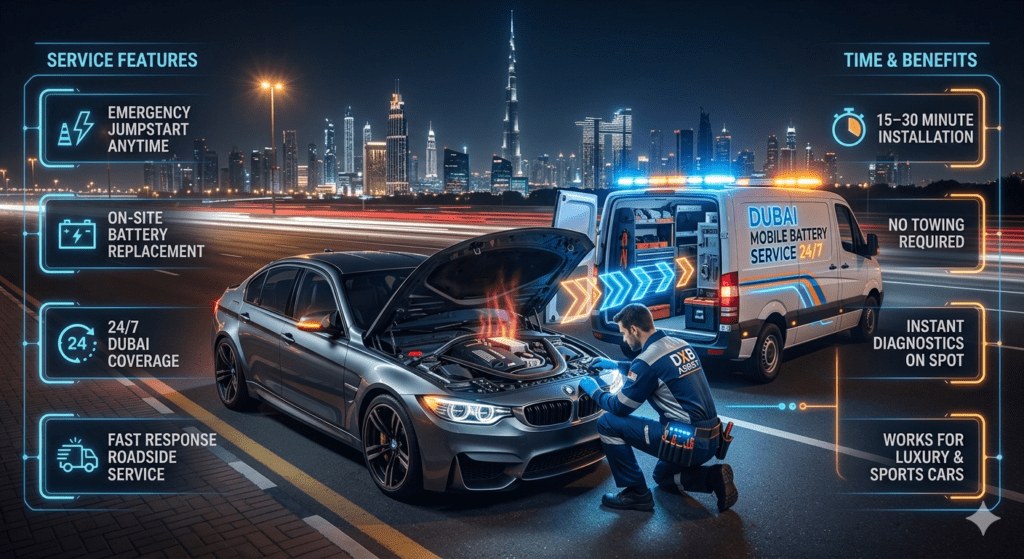 Mobile roadside battery service in Dubai showing technician replacing car battery beside luxury BMW M3 with emergency van and city skyline at night.