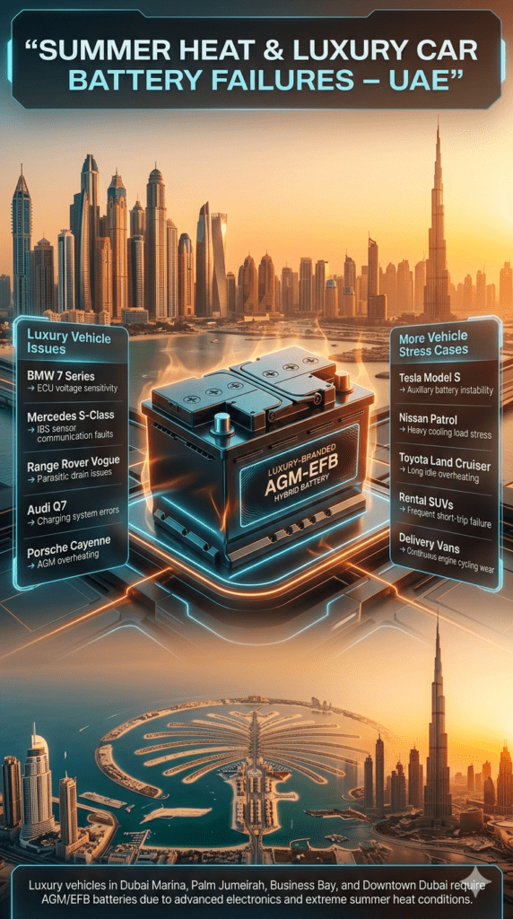 Infographic showing luxury vehicle battery issues in UAE summer heat, with central battery image and side panels listing problems in BMW, Mercedes, Range Rover, Audi, Tesla, and other vehicles.