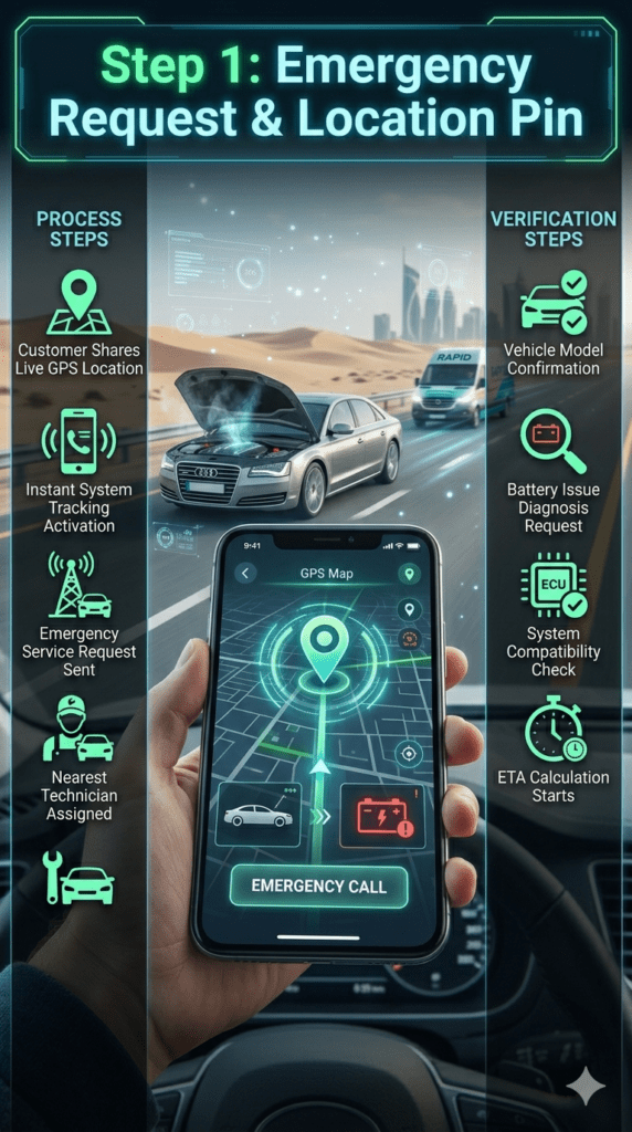 Step 1 Emergency Request & Location Pin – Mobile Car Battery Service Process UAE Emergency car battery service workflow showing Step 1 where customer shares live GPS location, verifies vehicle model, and confirms battery issue using a smartphone-based tracking system.