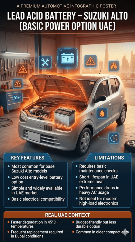 Suzuki Alto lead acid battery infographic showing basic conventional battery type, low cost option, maintenance requirement, and shorter lifespan in UAE Dubai extreme heat conditions.