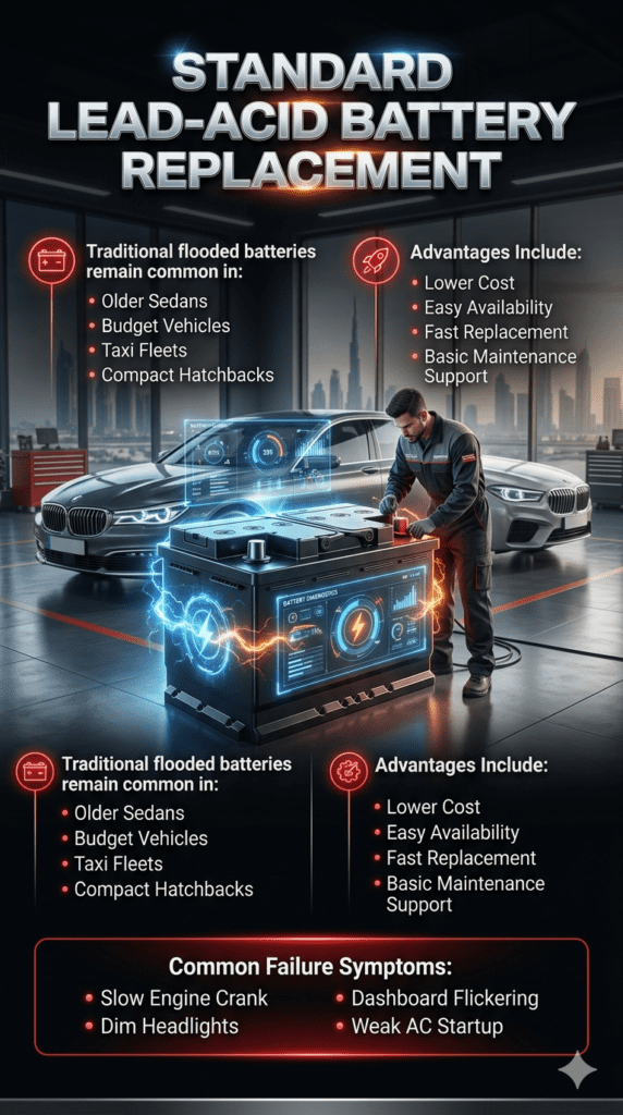 Premium infographic showing standard lead-acid battery replacement with common vehicle types, advantages, and battery failure symptoms in a luxury automotive design.