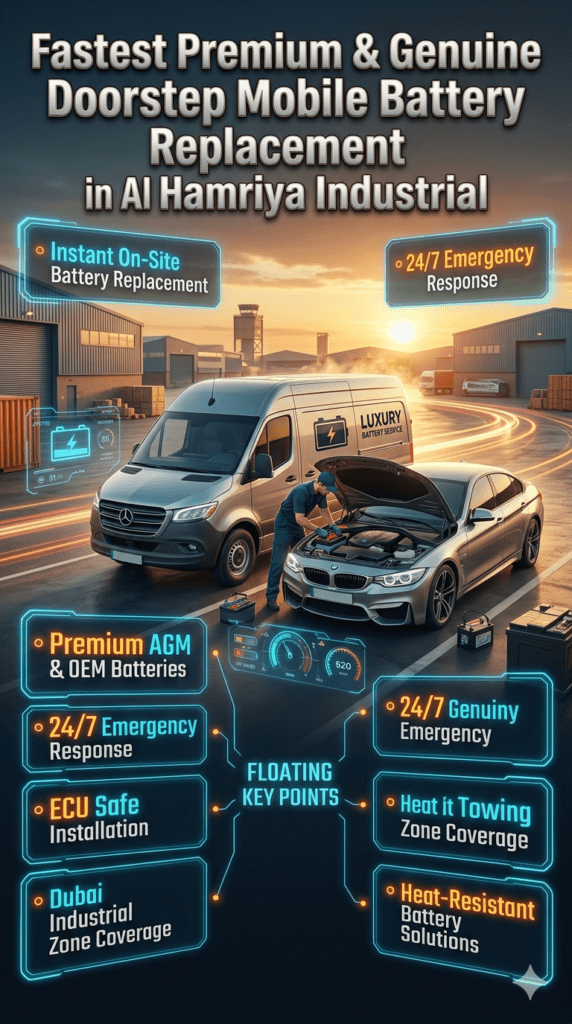 Luxury roadside mobile battery replacement service in Al Hamriya Industrial showing technician installing a car battery beside a premium vehicle with infographic-style emergency service features and industrial Dubai background.