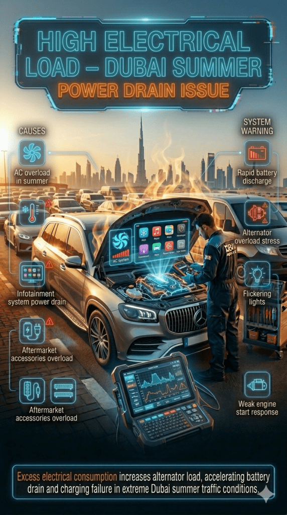 High electrical load car diagnostic scene in Dubai showing luxury SUV with AC overload, infotainment power drain, and aftermarket accessories causing battery discharge and alternator stress in summer traffic conditions.