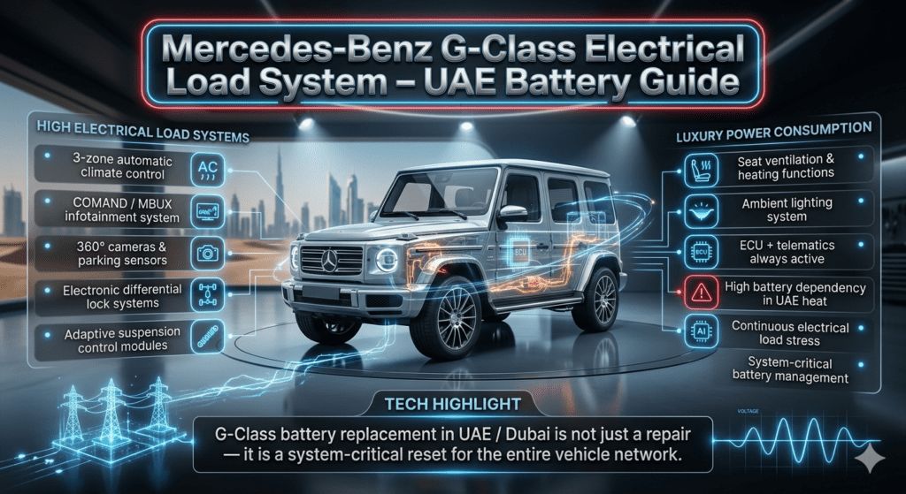 Luxury infographic showing Mercedes-Benz G-Class with glowing electrical systems, battery load components, and AI diagnostics in futuristic Dubai workshop.