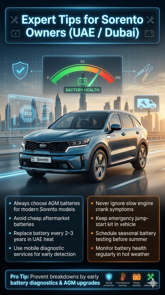 Sorento Car Battery Replacement in UAE / Dubai β Expert Tips & Maintenance Guide 2026 Sorento Car Battery Replacement in UAE Dubai expert tips infographic showing maintenance advice, battery replacement schedule, AGM battery recommendation, and preventive care guidelines.