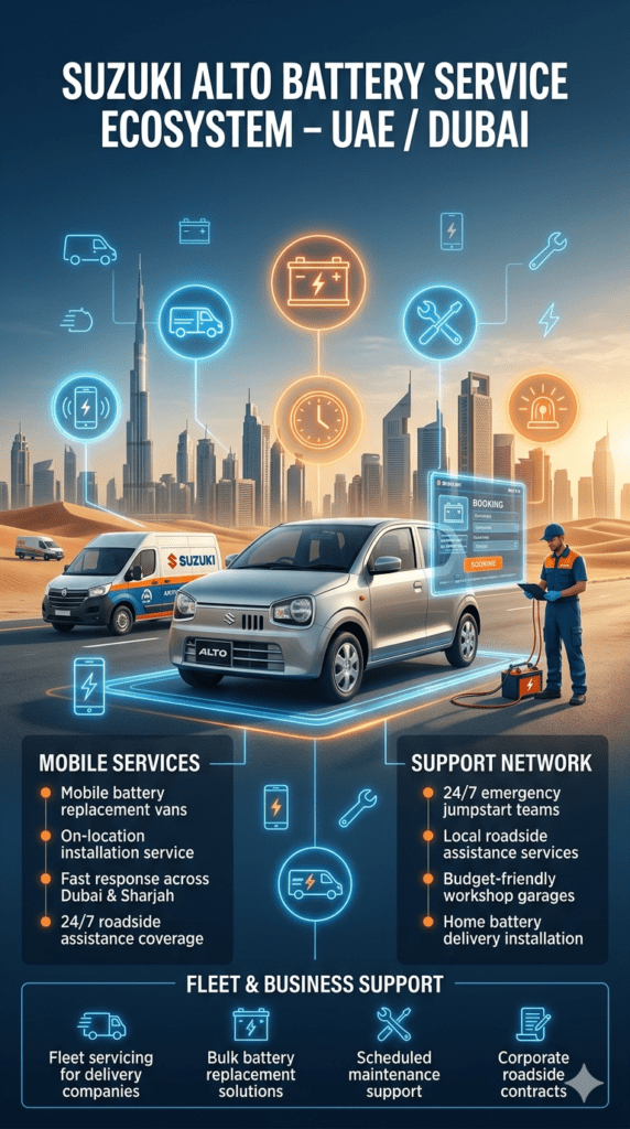 Suzuki Alto battery service ecosystem infographic showing mobile battery vans, emergency jumpstart teams, roadside assistance, workshop services, and fleet support across UAE Dubai automotive network.