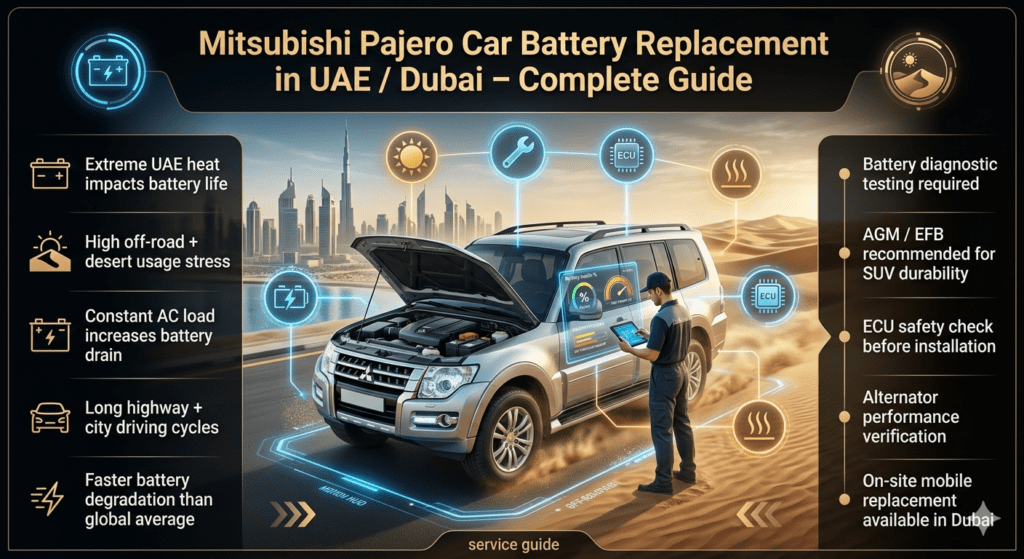 Mitsubishi Pajero battery replacement guide infographic in UAE Dubai showing desert driving impact, heat stress, diagnostic process, and SUV maintenance system in luxury automotive design