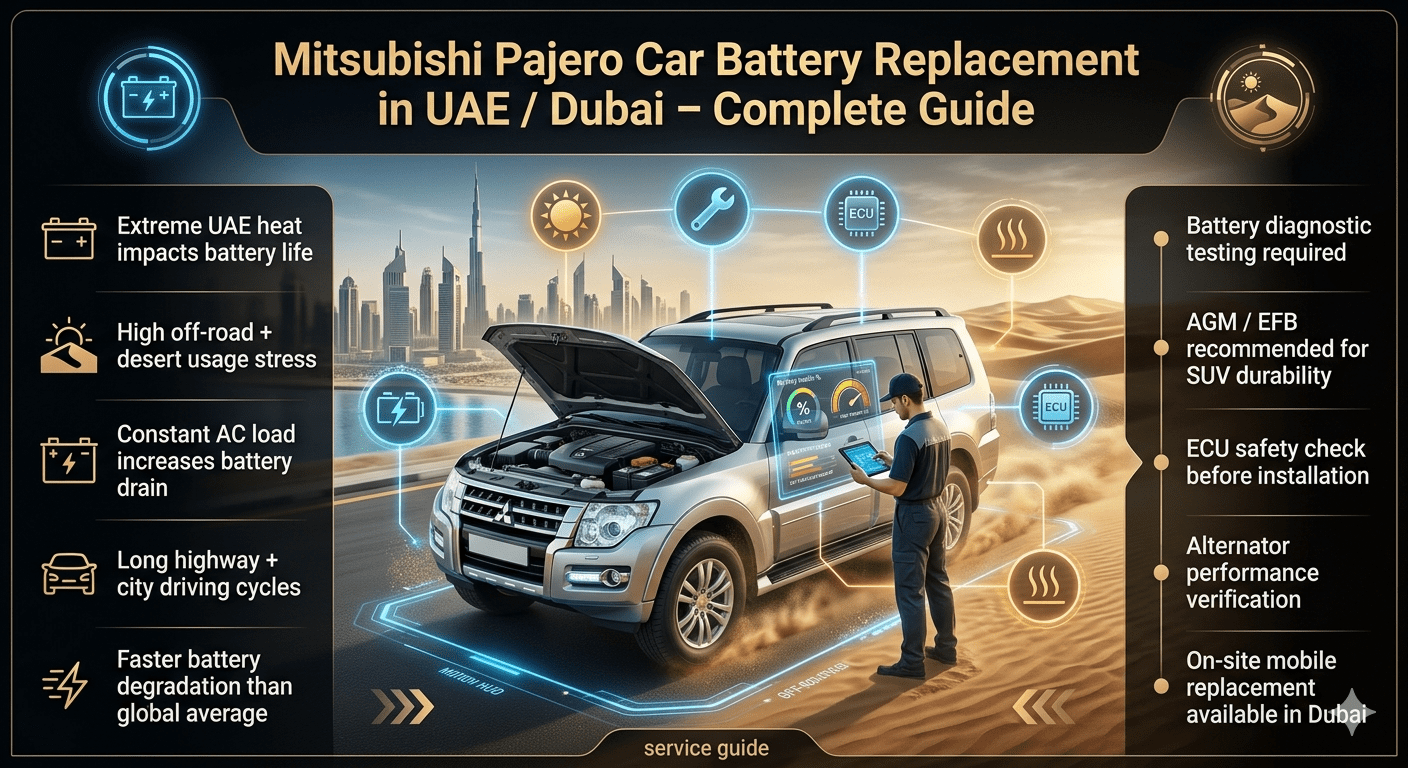 Mitsubishi Pajero battery replacement guide infographic in UAE Dubai showing desert driving impact, heat stress, diagnostic process, and SUV maintenance system in luxury automotive design