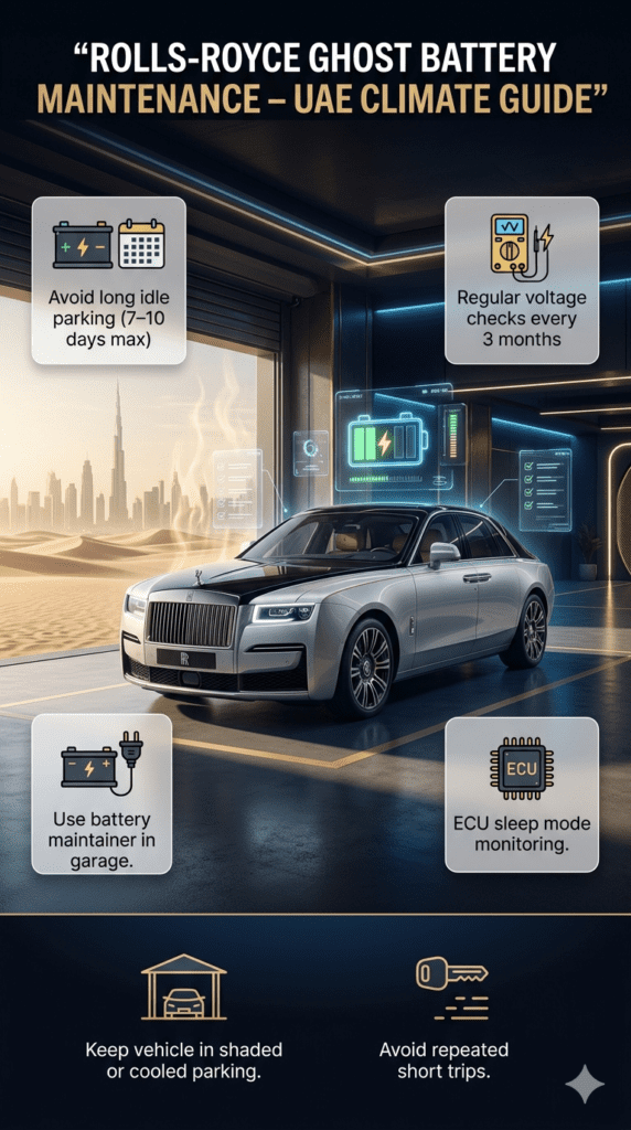 Rolls-Royce Ghost Battery Maintenance Guide – UAE Climate Care Tips Luxury Rolls-Royce Ghost battery maintenance infographic showing UAE climate care tips including voltage checks, ECU monitoring, shaded parking, and reduced idle time recommendations.