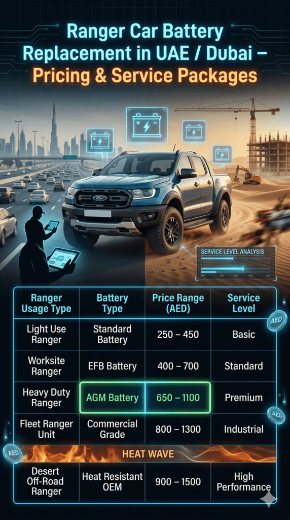 Ranger Car Battery Replacement UAE Dubai pricing table showing battery types, service levels, and cost range for Ford Ranger pickups in different usage conditions