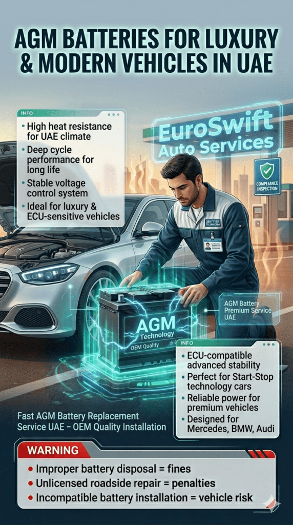 Luxury car AGM battery replacement service in UAE showing technician installing high-performance AGM battery with ECU-compatible system, heat resistance, and stable voltage control infographic design.